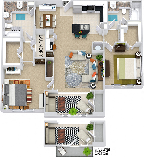 Floor plan for 2 beds, 2 baths, 1324 sqft